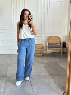 Beli Lastikli Bol Paça Müslin Pantolon