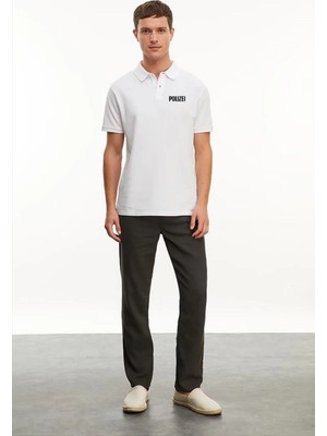 Velmora Fashion Yakası Düğmeli Yakalı Pike Baskılı T-Shirt - Beyaz