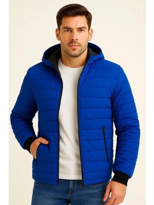 Senka Şişme Kapüşonlu Fermuarlı Mont Su Itici Kapitone Astarlı Kumaş Cepli Kışlık Rahat Kalıp - Saks Mavi