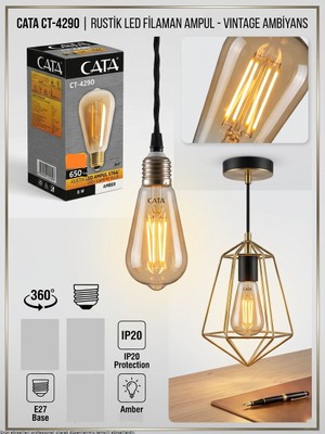 Cata Rustik LED Ampul ST64 E27 8W 650 Lm Amber Dekoratif Filament Vintage Ampul