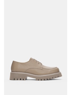 Selin Shoes Calder Hakiki Deri Bağcıklı Kadın Loafer- Vizon
