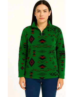 Senka Yarım Fermuarlı Desenli Polar Sweat Tribal Etnik Desen Yakalı, Uzun Kollu, Oversize Rahat Kalıp - Y