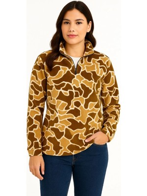 Senka Yarım Fermuarlı Desenli Polar Sweat Yakalı, Uzun Kollu, Oversize Rahat Kalıp - Kahverengi -