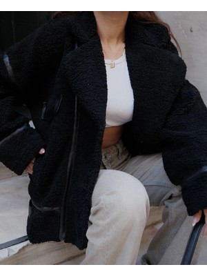 Senka Cıt Cıt Detaylı Peluş Mont Ceket - Siyah -