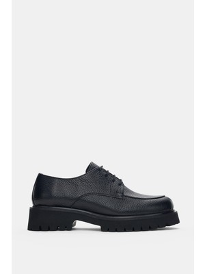 Selin Shoes Calder Hakiki Deri Bağcıklı Kadın Loafer- Siyah
