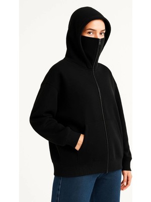 Senka Samuray Ninja Çift Kapşonlu Zip Fermuarlı Kanguru Çepli Hoodie Maske Detaylı Sweatshirt - Siyah