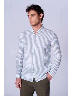 Twister Eg 1905 Green Çizgili Keten Pamuk Erkek Gömlek Yeşil