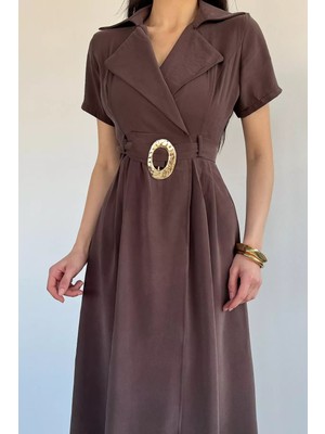 Gülseli Kadın Tensel Kumaş Kruvaze Yaka Kemerli Elbise P-00020958
