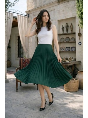 Senka Kadın 90 cm Saten Kumaş Pliseli Midi Etek Şık ve Zarif Tasarım - Çağla Yeşili