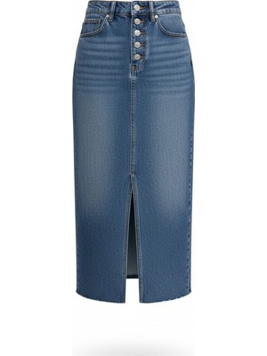 Magarde Düğmeli Kar Yıkama Yırtmaçlı Jean Etek- Mavi