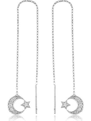 925 Ayar Gümüş Zincirli Ay Yıldız Küpe