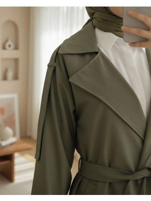 Modamorfo Broşlu Taş Detaylı Balon Kol Trençkot     -Haki