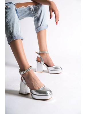 Ayakkabı Ateşi Gümüş Kırışık Platform Topuklu Kadın Ayakkabı Alecia