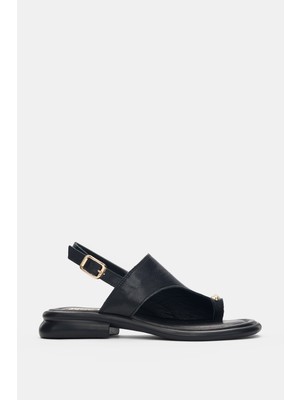 Selin Shoes Velrisa Hakiki Deri Parmak Arası Gold Aksesuar Detaylı Kadın Sandalet- Siyah