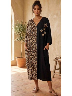 Modelist Dokuma Kumaş Cepli Aplike Detay Oversize Elbise