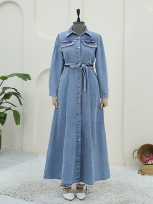 Modamorfo Yakası Nakış Detaylı Kemerli Kot Elbise -Mavi