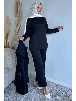 Julude Kapüşonlu Yelek Tunik Pantolon Tesettür Üçlü Takım P-00019185