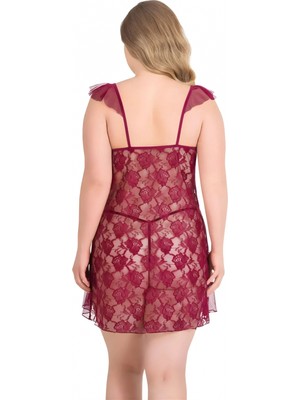 Marsilyan Luna Lora Büyük Beden Bordo Tül Mini Gecelik Zarif Kadın Gece Elbisesi