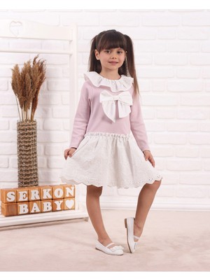 Kidello Matilde Soft Rose Fiyonk Bordeli Penye Kız Çocuk Elbise