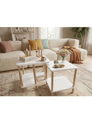 tridihome Modern Zigon Sehpa Ikili Set Minimal Tasarım Yan Sehpa Dekoratif Ahşap Traverten Atlantik Çam Beyaz