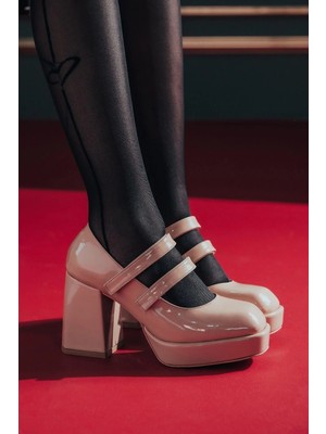 Ayakkabı Ateşi Nude Rugan Çift Cırtlı Kadın Platform Topuklu Ayakkabı Girona