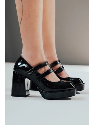 Ayakkabı Ateşi Siyah Rugan Çift Cırtlı Kadın Platform Topuklu Ayakkabı Girona