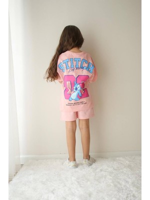 Cg Kids Stitch Temalı Sırt Baskı Detay Kız Çocuk Tshirt Şort Alt Üst Takım
