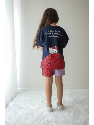 Cg Kids Hello Kitty Kız Çocuk Tshirt ve Şort Alt Üst Takım Süper Kalite Kumaş Sırt Baskı Detay Şort Baskı Detay