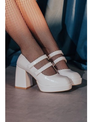 Ayakkabı Ateşi Beyaz Rugan Çift Cırtlı Kadın Platform Topuklu Ayakkabı Girona