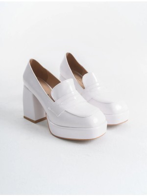 Ayakkabı Ateşi Kadın Platform Kalın Topuklu Loafer Harrie Beyaz Rugan