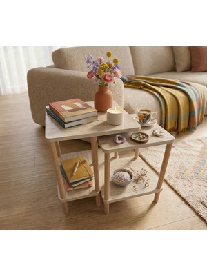 tridihome Modern Zigon Sehpa Ikili Set Minimal Tasarım Yan Sehpa Dekoratif Ahşap Traverten Atlantik Çam Beyaz