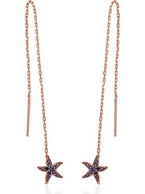 Gümüş Siyah Taşlı Deniz Yıldızı Zincirli Küpe