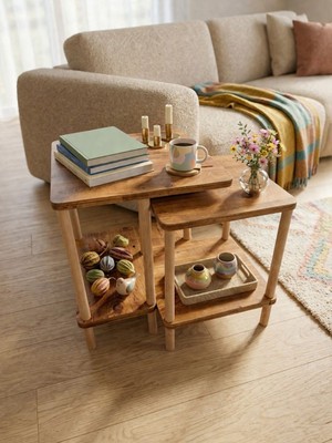 tridihome Modern Zigon Sehpa Ikili Set Minimal Tasarım Yan Sehpa Dekoratif Ahşap Traverten Atlantik Çam Beyaz