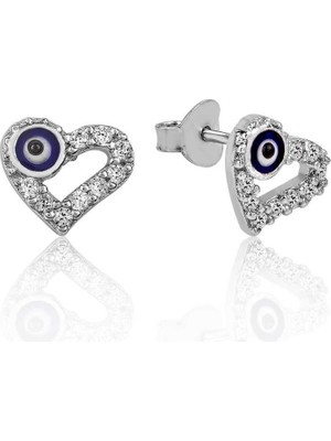 925 Ayar Gümüş Kalpli Nazar Çivili Küpe