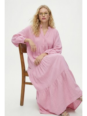 Ritnice Kadın Modest Linda %100 Pamuk Müslin Astarlı Balon Kol Katlı Pembe Uzun Elbise