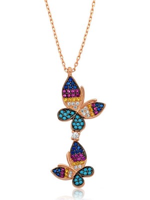 925 Ayar Gümüş Rose  Çift Kelebek Kadın Gümüş Kolye