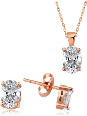 925 Ayar Gümüş Rose Oval Taş Ikili Set