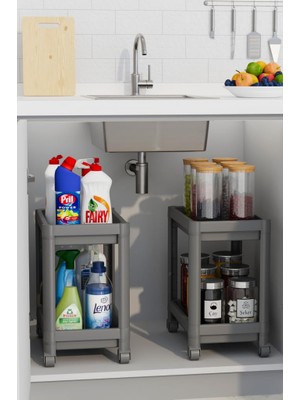 Delixa 2 Adet 2 Katlı Tekerlekli Tezgah Altı Gri Mutfak Rafı MIT1124