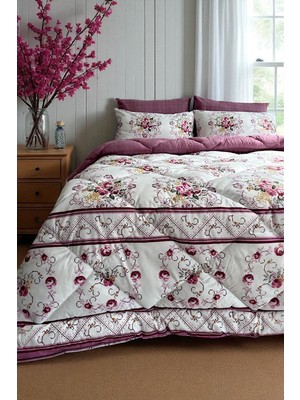 Delixa Çift Kişilik 4 Yastık Kılıflı Lastikli Çarşaflı Çift Taraflı Desenli Uyku Seti-Kanaviçe Gül Kurusu