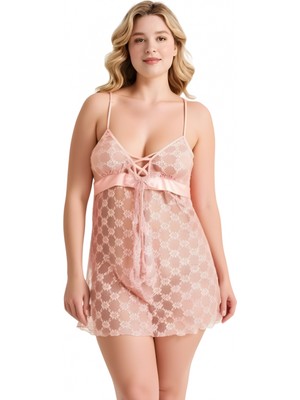 Marsilyan Luna Lora Büyük Beden Somon Tül Mini Gecelik Zarif Kadın Gece Elbisesi