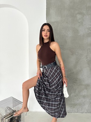 Kadın Ekose Kemerli Uzun Kloş Etek