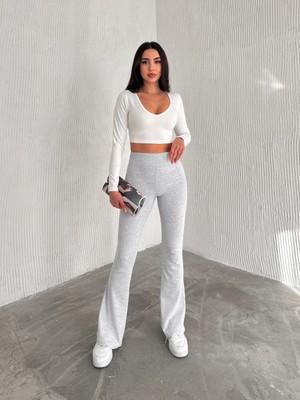 Kadın Yüksek Bel Penye Ispanyol  Paça Tayt Pantolon