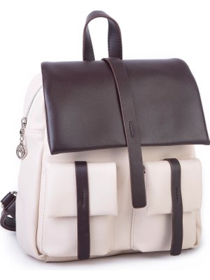 Nas Bag Kadın Şık Günlük Cepli Yumuşak Deri Sırt Çantası Krem Kahve