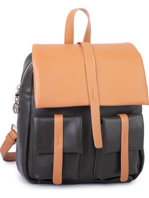 Nas Bag Kadın Şık Günlük Cepli Yumuşak Deri Sırt Çantası Haki Camel