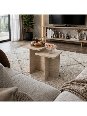 tridihome Modern Taş Görünümlü Yan Sehpa 2li Traverten Görünümlü Zigon Sehpa