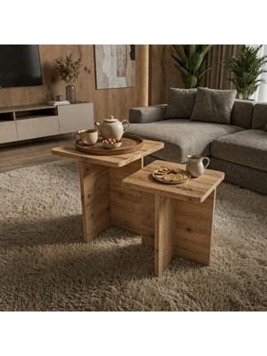 tridihome Masif Ahşap Görünümlü Modern Kahverengi Yan Sehpa Seti 2li Zigon Sehpa