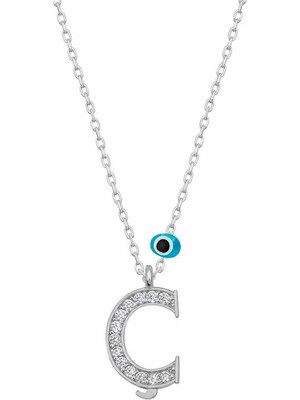 925 Ayar Gümüş Nazar Rodyum Ç Harfi Kadın Gümüş Kolye