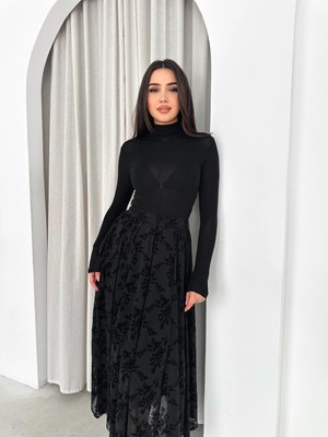 Kadın Flok Baskılı Beli Lastikli Astarlı Tül Etek