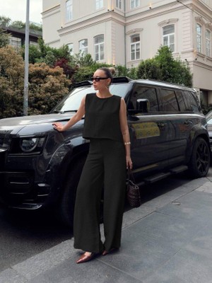 Livizmir Moda Kadın Geniş Paça Pantolon ve Bluzlu Aerobin Kumaş Ikili Takım