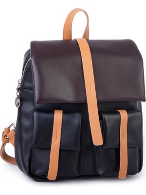 Nas Bag Kadın Şık Günlük Cepli Yumuşak Deri Sırt Çantası Siyah Camel Kahve
